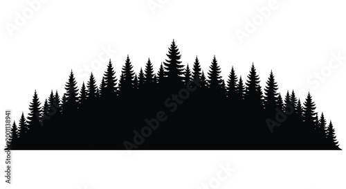 Dark forest silhouette a dense treeline against a bright white background