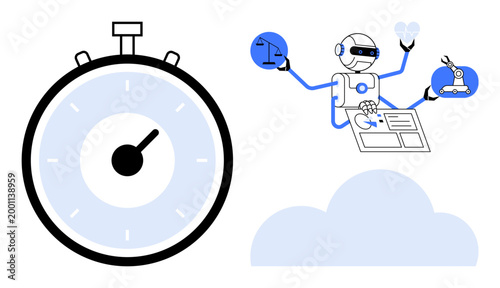 Time management, automation, artificial intelligence, digital efficiency, robotics, workflow optimization. Robot multitasking with symbolic tools and stopwatch. Automation and time management concept