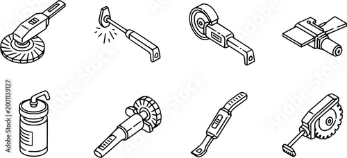 Isometric Black and White Line Art Icons of Construction Power Tools and Workshop Equipment