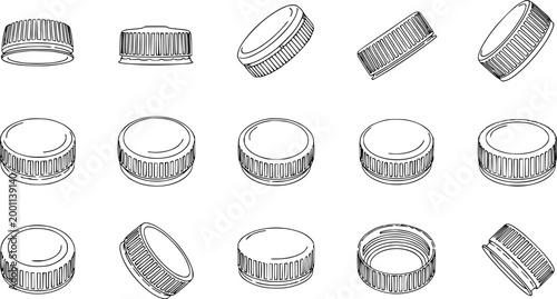 Packaging Industry Black  White Line Art Bottle Caps Vector Set