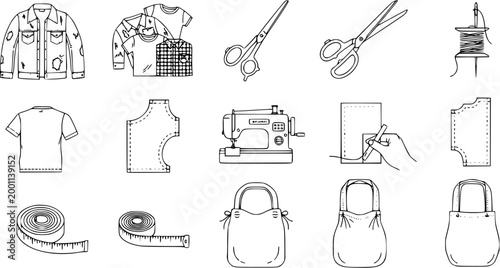 Foto Sewing and Tailoring Icons: Line Art of Clothes, Tools, and Bags