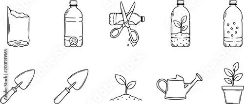 DIY Gardening with Recycled Plastic Bottles Black  White Line Art Icons Set