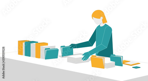 Businesswoman Organizing Documents and Files on Desk Illustration for Office Management and Data Sorting Concept