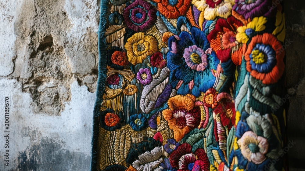 Fototapeta premium Vibrant embroidered textile, ancient stone wall background
