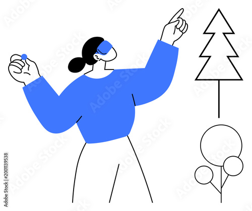 Environment, sustainability, nature concepts, abstract art, eco-awareness, creative design. A woman gesturing with abstract tree and circle elements. Environment and sustainability highlighted