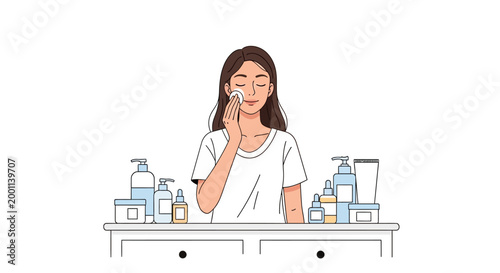 Young Woman Performing Daily Skincare Routine with Cotton Pad and Cosmetic Products, Flat Vector Illustration of Beauty Care and Dermatology Concept