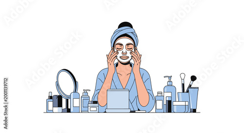 Woman Applying Facial Mask During Skincare Routine Illustration, Self Care and Beauty Concept with Cosmetic Products in Flat Line Art Style