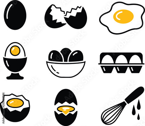 Egg icons illustration set, black and yellow cooking breakfast food symbols for kitchen design, menu graphics, and culinary branding.