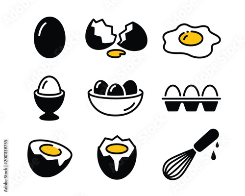 Breakfast egg icons illustration, black and yellow cooking food symbols for kitchen design, menu graphics, and culinary branding.
