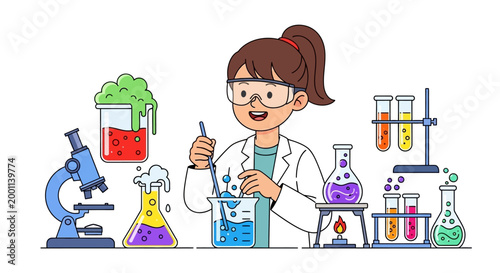 Young Girl Scientist conducting Chemistry Experiments in Laboratory with Colorful Beakers and Microscope, Flat Vector Illustration