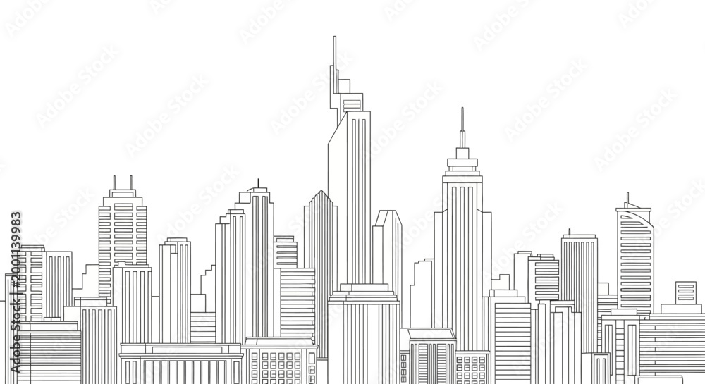 Fototapeta premium Minimalist City Skyline Line Art - Modern Urban Architecture Skyscrapers Outline Illustration