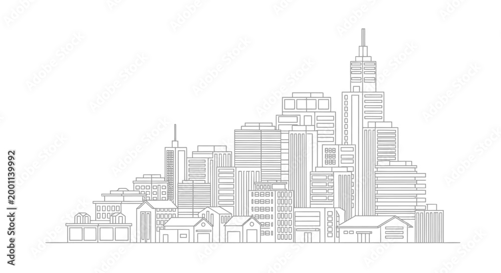 Obraz premium Minimalist City Skyline Line Art Illustration - Modern Urban Architecture Outline with Skyscrapers and Residential Buildings for Real Estate Design