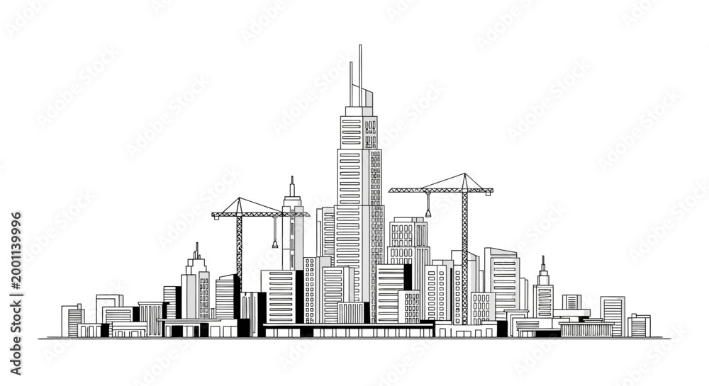 Obraz premium Modern City Skyline Line Art Illustration with Construction Cranes; Minimalist Urban Architecture and Real Estate Development Concept