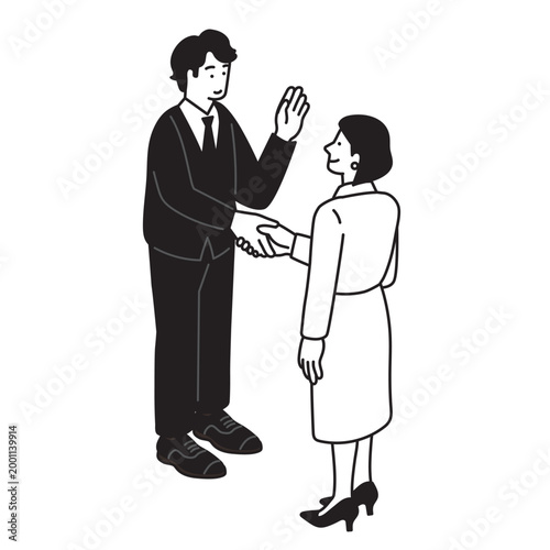 握手をするビジネスパーソンのアイソメトリック構図のイラスト
