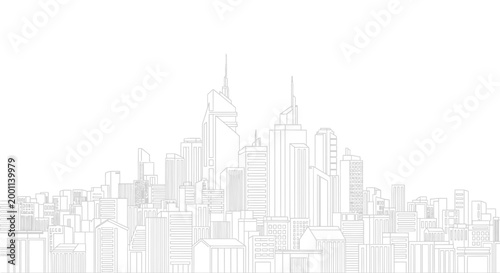 Minimalist City Skyline Line Art Illustration - Modern Urban Cityscape Outline on White Background