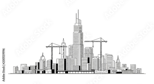 Modern City Skyline Line Art Illustration with Construction Cranes; Minimalist Urban Architecture and Real Estate Development Concept
