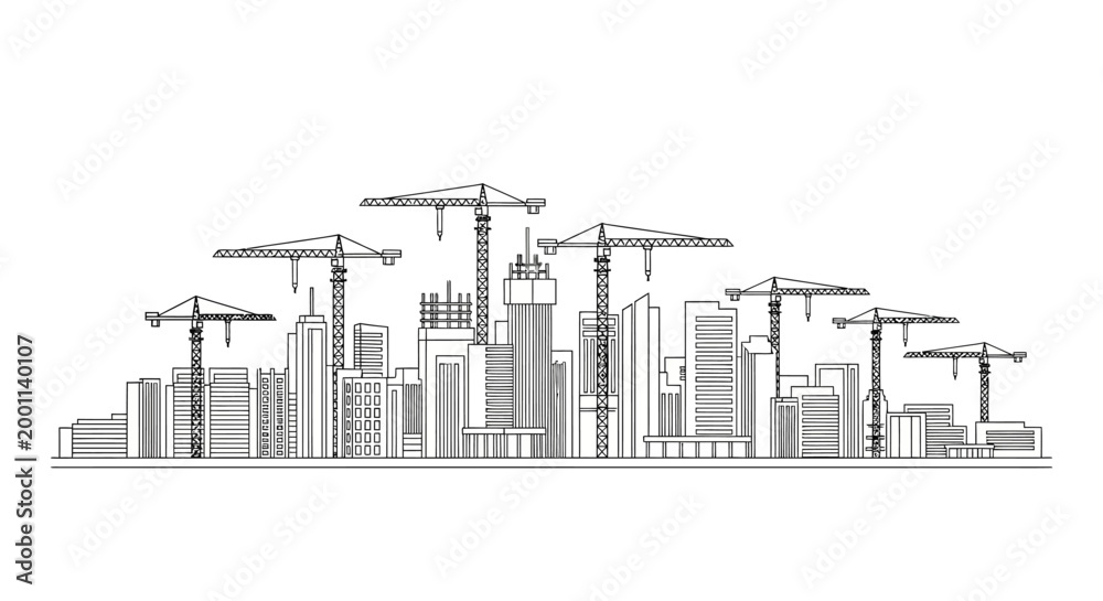 Obraz premium Modern City Skyline Construction Site Line Art Illustration with Tower Cranes and Skyscrapers Vector