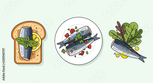 Sardine Fish Dish Illustrations Set on Light Background