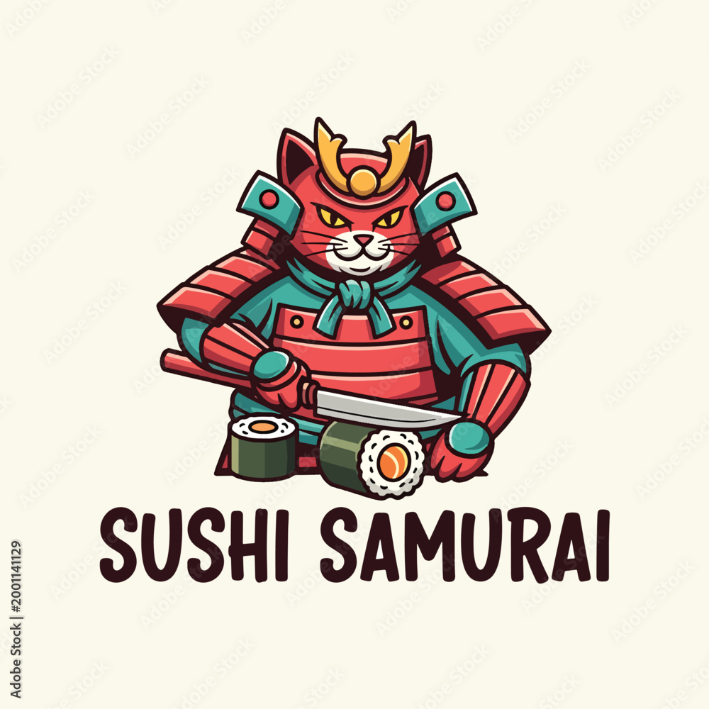 Fototapeta premium A cool cartoon cat samurai warrior wearing traditional armor slicing sushi rolls with a sharp katana sword.