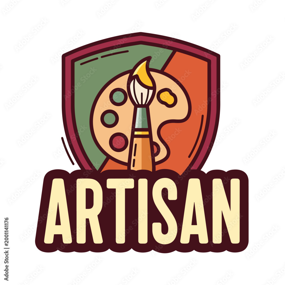 Fototapeta premium Artisan logo design featuring a paint brush and palette inside a shield emblem.