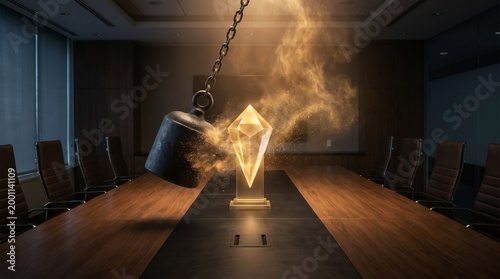 A glowing golden prism perfectly shattering a swinging heavy iron pendulum into harmless dust, a metaphor for Murphy's Law and risk management.