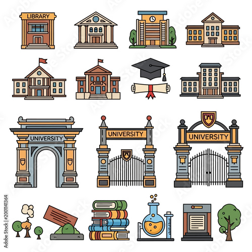 Collection of University and Library Buildings and Educational Symbols.