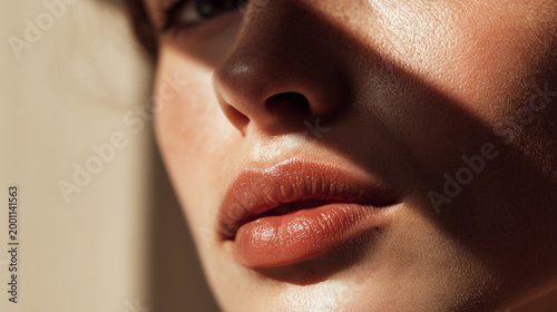 Close up portrait of beautiful woman face with dramatic light and shadows