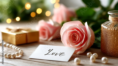 Romantic Valentine's Day Still Life: Roses, Gift, Perfume, and Pearls Conveying Love and Affection