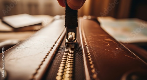 Close-up of a hand pulling a zipper on a vintage leather suitcase