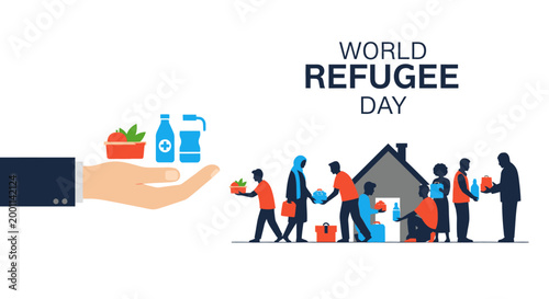 Illustration for World Refugee Day showing humanitarian aid and support.
