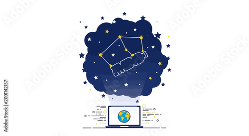 Plastic bottle constellation appears from a laptop displaying Earth.