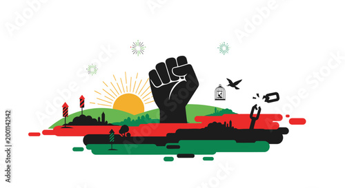 Fist raised in protest with bird flying out of cage at sunrise.