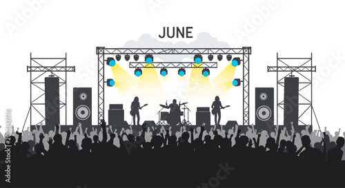 Silhouette of a rock band performing at a summer music festival in June