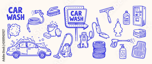Car Wash Essentials: A comprehensive array of car wash elements, meticulously illustrated, encompassing all facets of car care and cleansing.