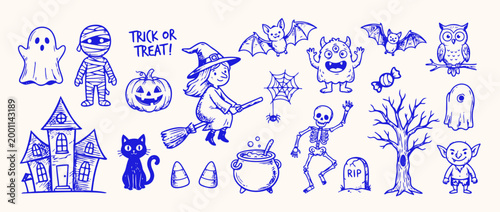 Halloween Collection: A spooky assortment of hand-drawn Halloween illustrations, perfect for festive designs, featuring ghosts, monsters, witches, and pumpkins. 