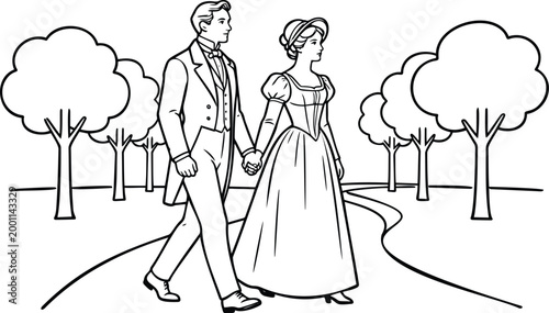 Victorian Era Couple Strolling in Park Line Art Coloring Page, Historical Man and Woman in 19th Century Dress Holding Hands on Garden Path Vector Illustration