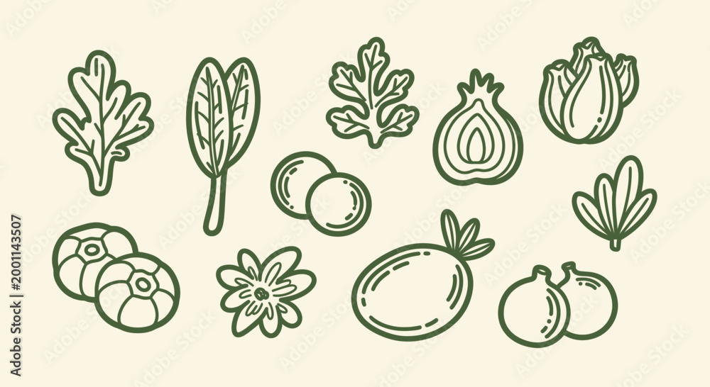 Fototapeta premium Hand Drawn Collection of Fresh Vegetables and Fruits Icons.