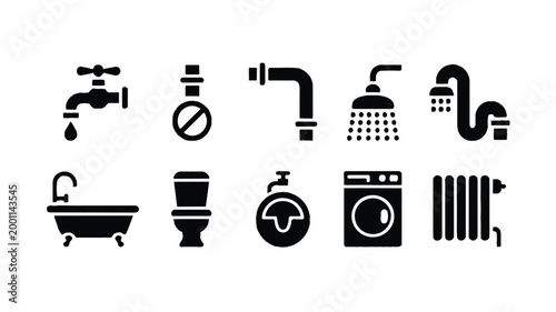 A collection of bathroom and laundry icons including faucet, toilet, shower, and washing machine