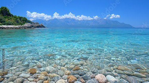 Crystal clear beach water over colorful stones; mountains and sky background; idyllic summer vacation scene