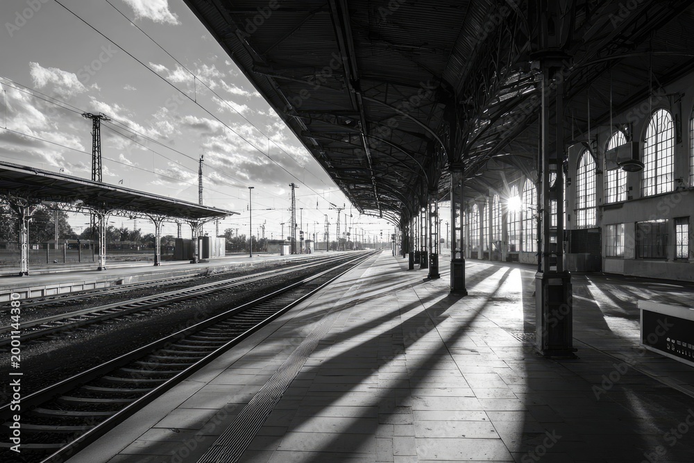 Fototapeta premium Sunbeams cast long shadows on an empty, historic train station platform