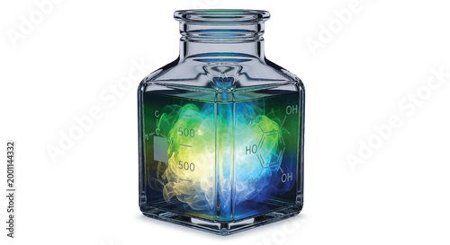 Geometric glass bottle containing swirling blue green yellow liquids representing chemical reactions and research with liquid art, science background