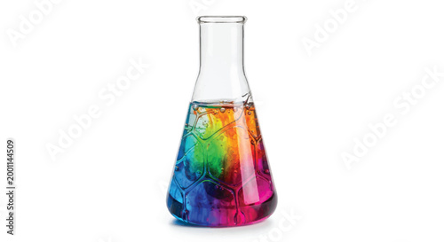 Single erlenmeyer flask containing multi-colored liquids showing a rainbow gradient isolated on a white background laboratory glassware chemistry