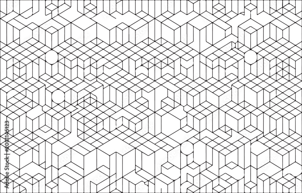 Fototapeta premium Isometric cube grid pattern featuring geometric shapes in continuous lines.