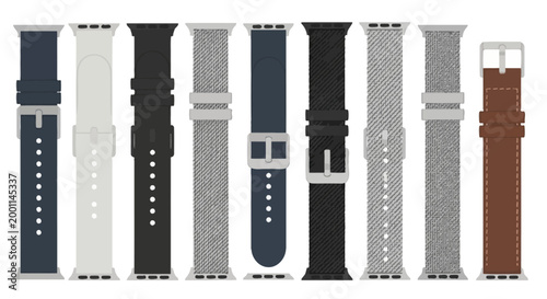 Collection of diverse smartwatch straps in various colors and materials.