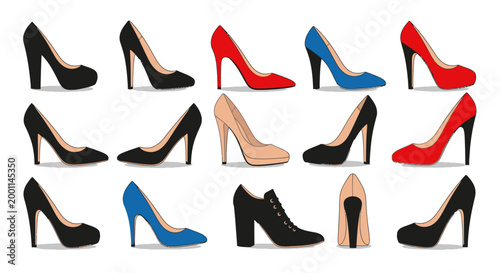 Collection of various high heel shoes in different colors.