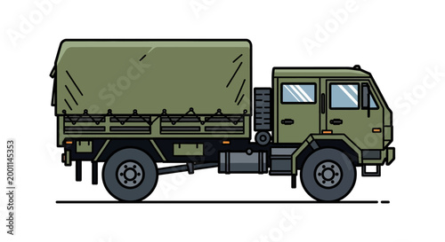 Military cargo truck side view illustration.