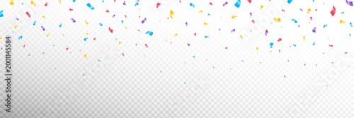 Confetti color background. Colorful falling paper pieces. Festive celebration design isolated on transparent background. Bright party decoration overlay with copy space. Vector illustration.
