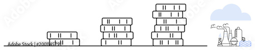 Financial growth, wealth accumulation, sustainability, environmental impact, wealth inequality, industrial economy. Stacked coins and factories with pollution. Financial growth and sustainability