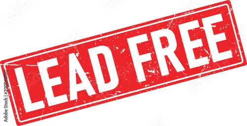 Grunge red ink stamp with white text saying LEAD FREE at an angle on a white backdrop
