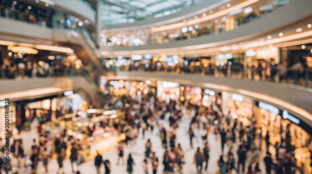 Obraz premium Abstract blurred photo of many people shopping inside department store or modern shopping mall. Urban lifestyle and black Friday shopping, motion, speed, blurred, group, city, modern